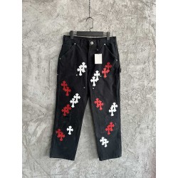 GT Chrome Heart Black Double Knee Pants With 37 Red White Cross Patch