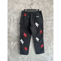 GT Chrome Heart Black Double Knee Pants With 37 Red White Cross Patch