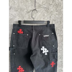 GT Chrome Heart Black Double Knee Pants With 37 Red White Cross Patch