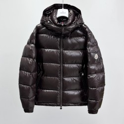 Moncler Maya Series Patent Leather High-Neck Hooded Down Jacket Dark Brown