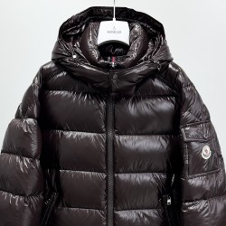 Moncler Maya Series Patent Leather High-Neck Hooded Down Jacket Dark Brown