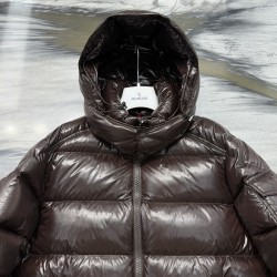 Moncler Maya Series Patent Leather High-Neck Hooded Down Jacket Dark Brown