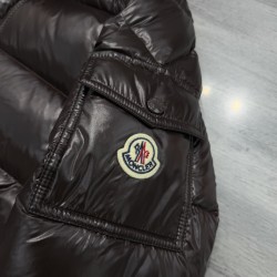 Moncler Maya Series Patent Leather High-Neck Hooded Down Jacket Dark Brown