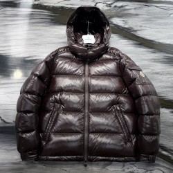 Moncler Maya Series Patent Leather High-Neck Hooded Down Jacket Dark Brown