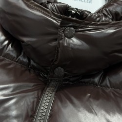 Moncler Maya Series Patent Leather High-Neck Hooded Down Jacket Dark Brown