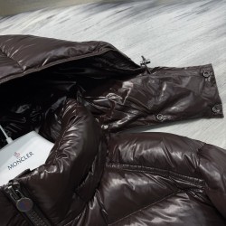 Moncler Maya Series Patent Leather High-Neck Hooded Down Jacket Dark Brown