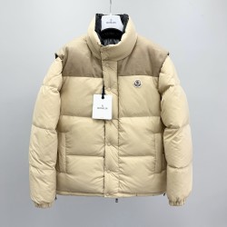 Moncler Men's Reversible Stand Collar Down Jacket with Detachable Sleeves Beige Black