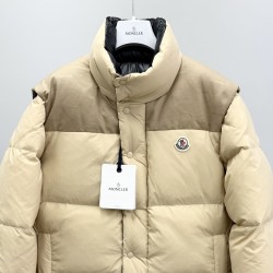 Moncler Men's Reversible Stand Collar Down Jacket with Detachable Sleeves Beige Black