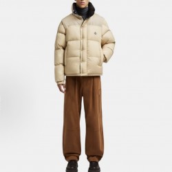 Moncler Men's Reversible Stand Collar Down Jacket with Detachable Sleeves Beige Black