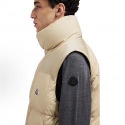 Moncler Men's Reversible Stand Collar Down Jacket with Detachable Sleeves Beige Black