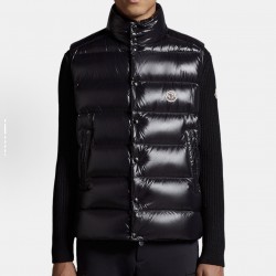 M0ncler Tib Solid Color Logo Patent Leather Stand Collar Short Vest with Down Filling  Black
