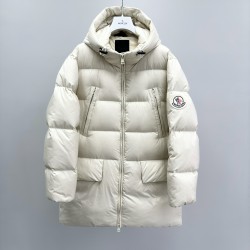 Moncler Casual Solid Color Hooded Long Down Jacket Cream