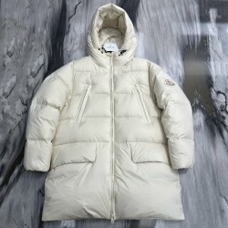 Moncler Casual Solid Color Hooded Long Down Jacket Cream