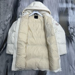 Moncler Casual Solid Color Hooded Long Down Jacket Cream